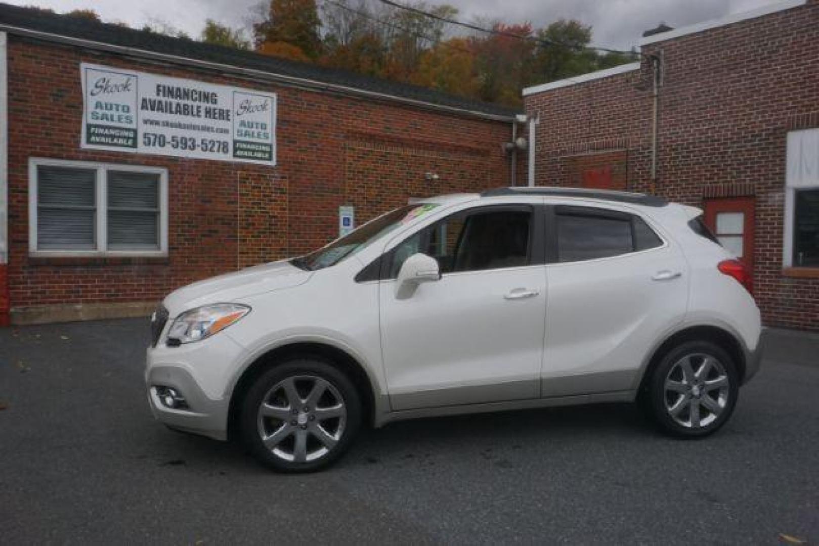 2014 White Pearl Tricoat Buick Encore Premium AWD (KL4CJHSB1EB) with an 1.4L L4 DOHC 16V TURBO engine, 6-Speed Automatic transmission, located at 312 Centre Ave, Schuylkill Haven, PA, 17972, (570) 593-5278, 40.638130, -76.177383 - navigation system, power sunroof, bose premium stereo - Photo#0