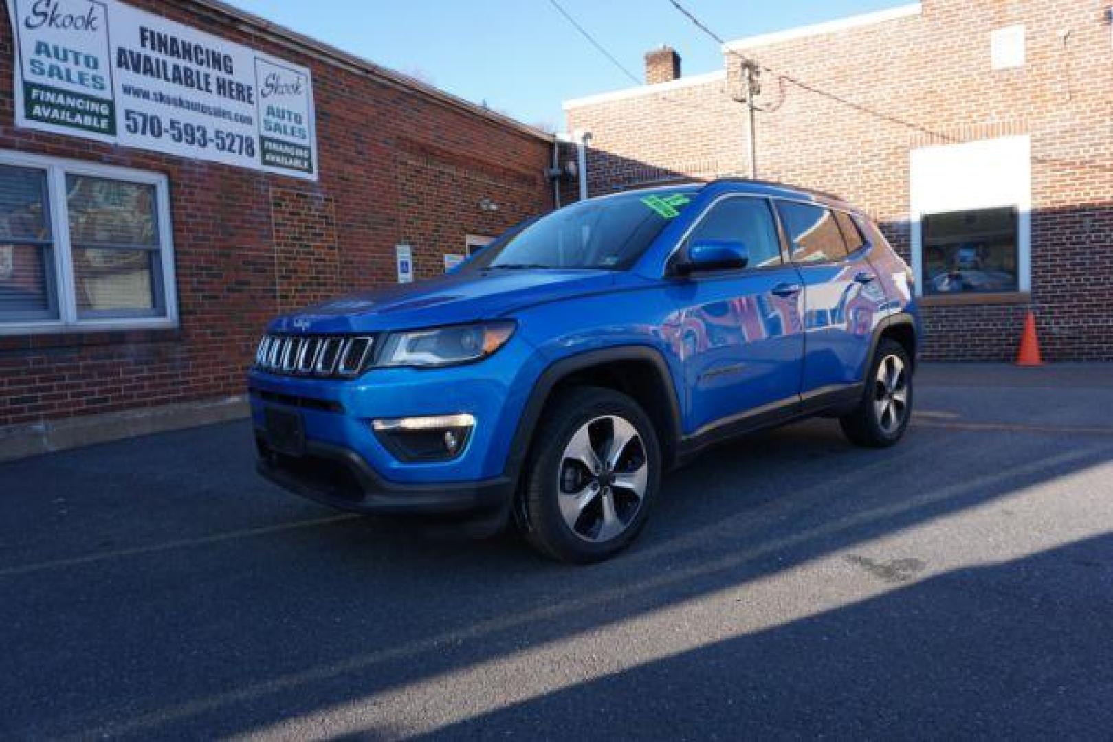 2018 Laser Blue Pearl Coat Jeep Compass Latitude 4WD (3C4NJDBB7JT) with an 2.4L L4 DOHC 16V engine, located at 312 Centre Ave, Schuylkill Haven, PA, 17972, (570) 593-5278, 40.638130, -76.177383 - collision avoidance system, HID headlamps, luggage rack, power liftgate - Photo#1